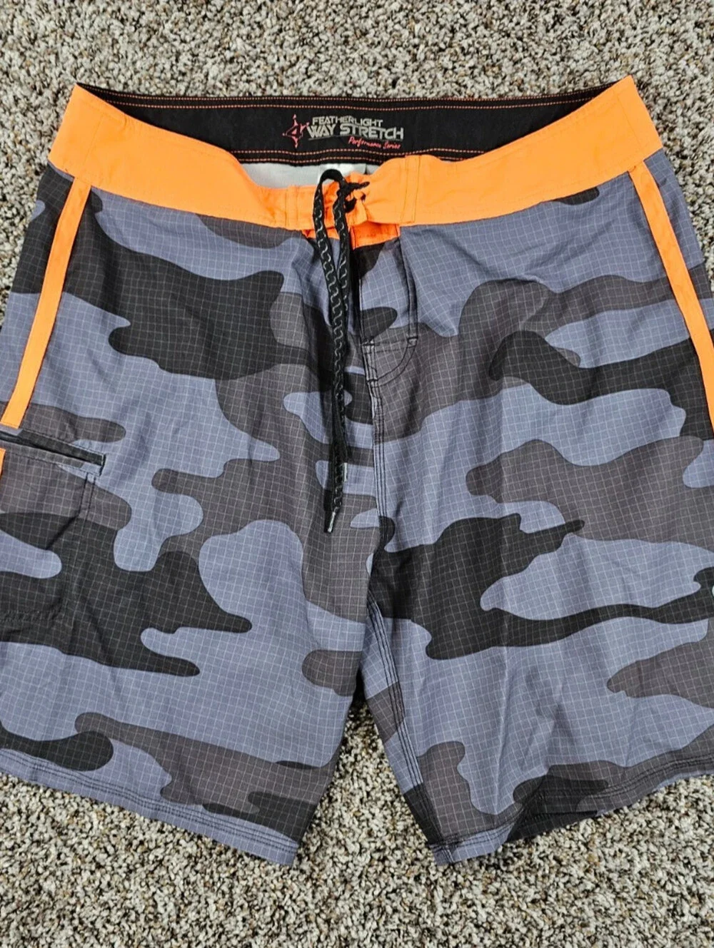 Mens Sz 36 4 Way Stretch Featherlight Board Shorts US Navy Camo Print Orange